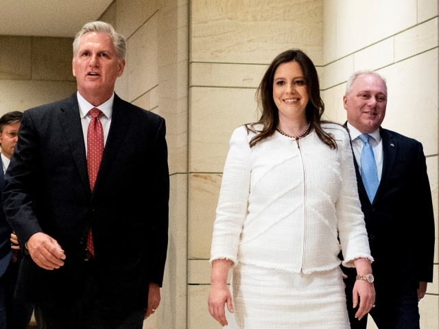 UNITED STATES - MAY 14: From left, House Minority Leader Kevin McCarthy, R-Calif., newly elected House Republican Conference chair Rep. Elise Stefanik, R-N.Y., and House Minority Whip Steve Scalise, R-La., walk to the microphones to speak to reporters following the House Republicans caucus meeting to elect a new House Republican Conference chair in the Capitol on Friday, May 14, 2021. (Photo by Bill Clark/CQ-Roll Call, Inc via Getty Images)